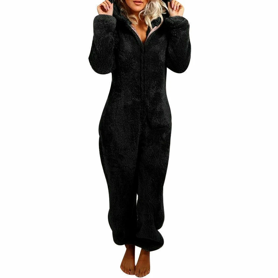 Winter Damen Warm Teddybär Schlafanzug Plüsch Jumpsuit mit Kapuze Overall Pyjama - Bild 3 von 4