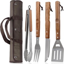 5pc BBQ Grill Set w/Wood Handle, Stainless Steel Tools Carry Bag