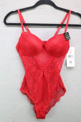 Rene' Rofe' Bodysuit Demi Push-Up Red-Small/Petite-Sexy-Lacy-Sheer-NWT