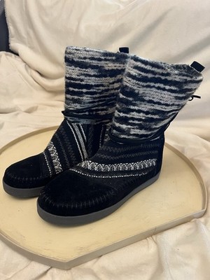 Toms Nepal Black White and Grey Leather Moccasin Boots Size 10
