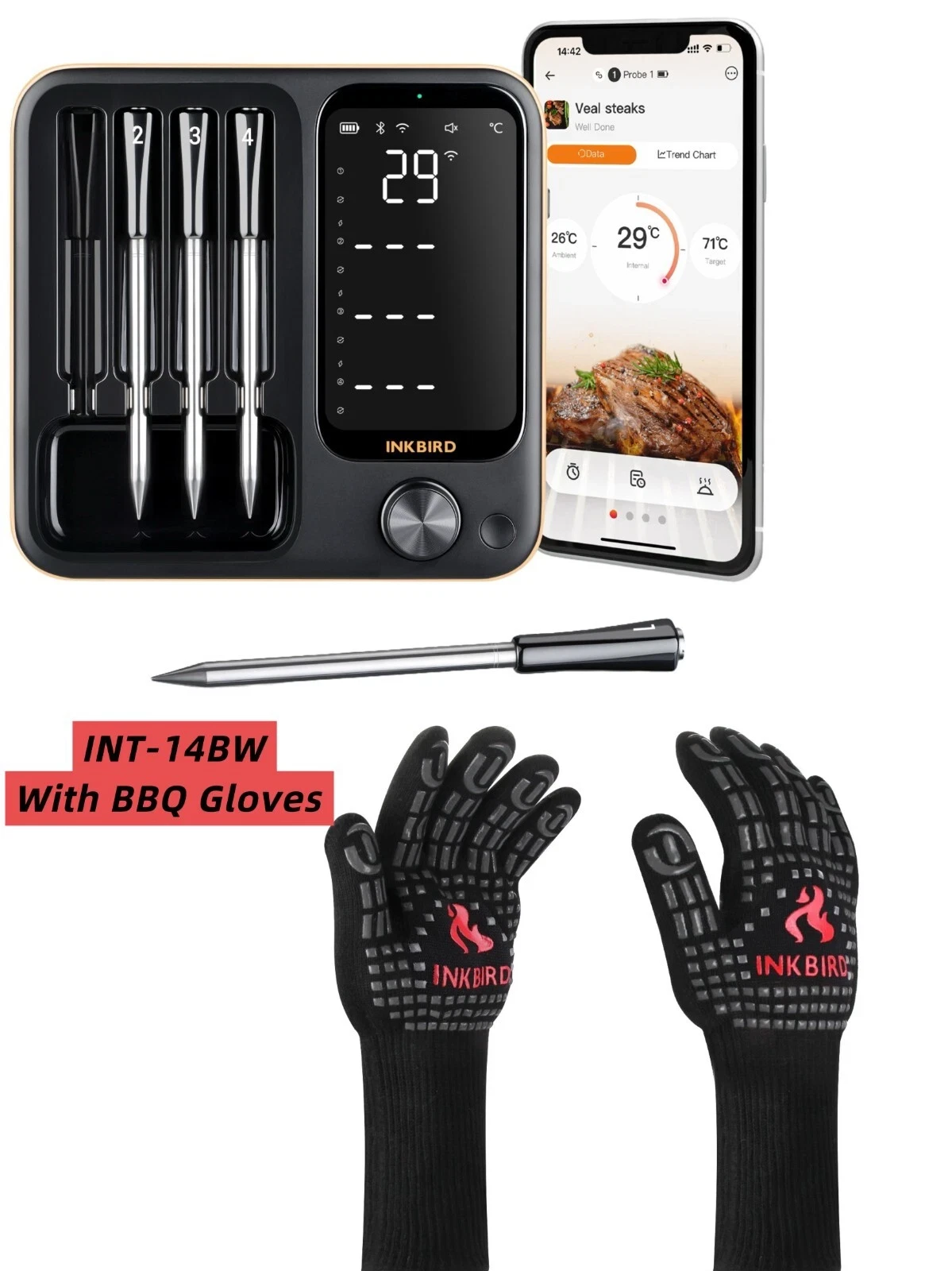 INKBIRD Wire-free Cooking Thermometer IN-14-BW Bluetooth Wifi + A Pair Gloves US