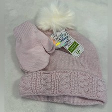 Toby toddler pink metallic beanie  mitten set white pom pom braided knit trim