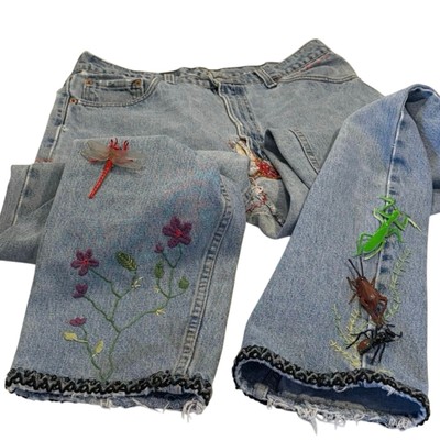 LEVI'S reworked upcycled vintage CUSTOM boho patchwork garden bugs insects 32 