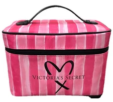 Victoria's Secret Striped Pink Black Train Case Travel Makeup Bag