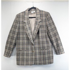 Alfred Dunner Vintage Plaid Blazer Blue Tan Check Made in USA Size 14 Jacket
