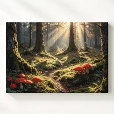 Enchanted Forest Path Canvasgolden Sunlight And Red Mushrooms Wall Art