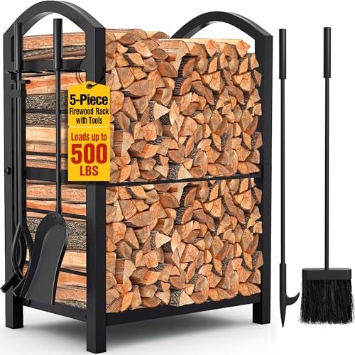  Firewood Rack Indoor with Tools 5-Piece Fireplace Tools Set Wood Holder Black