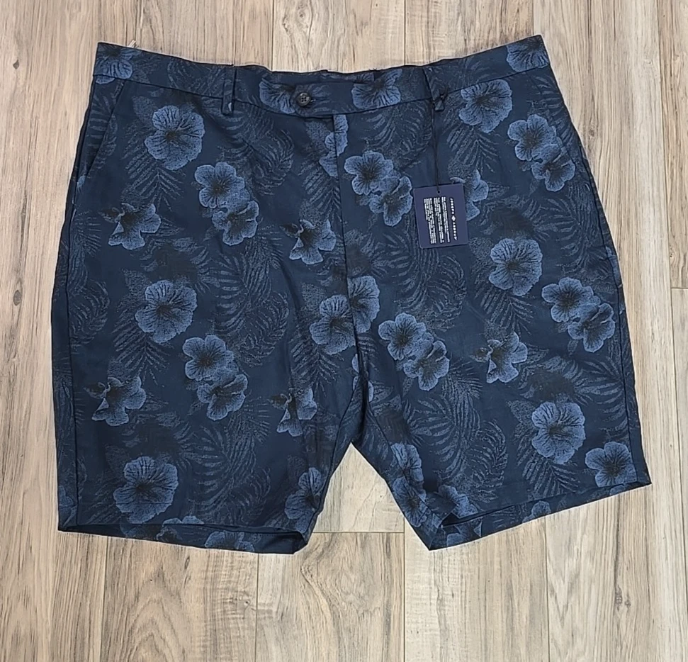 NWT- Joseph Abboud Modern Fit Linen Blend Blue Floral Flat Front Shorts 33 or 42