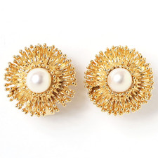 Ohrringe Ohrclips Handarbeit 14 Karat 585 Gold Gelbgold Akoya Perlen 11,89g Ø2cm