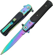 Spring-Assist Folding Pocket Knife 3.25in Stiletto Blade Rainbow Black Handle