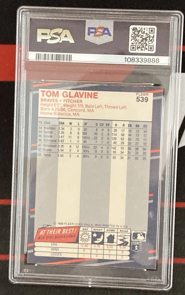 1988 FLEER # 539 SIGNED TOM GLAVINE PSA 9 MINT  PSA/DNA AUTO 10 - Image 2 of 2