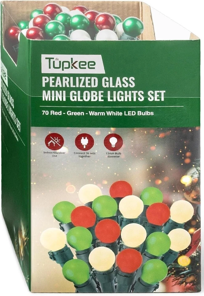 Tupkee Pearlized Glass Mini Globe Lights Set - 70 G15 Red, Green & Warm-White... - Image 2 of 4