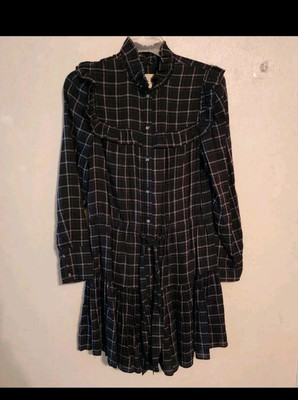 La Vie Rebecca Taylor Black Combo Plaid Long Sleeve Ruffled Mini Dress Size XS