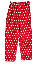 Handmade kid's size 7/8 pull on elastic waist fleece pants red w/white polka dot