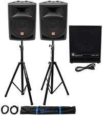  2 Rockville RPG8 8" Powered PA Speakers Active 15" Subwoofer Stands Cables