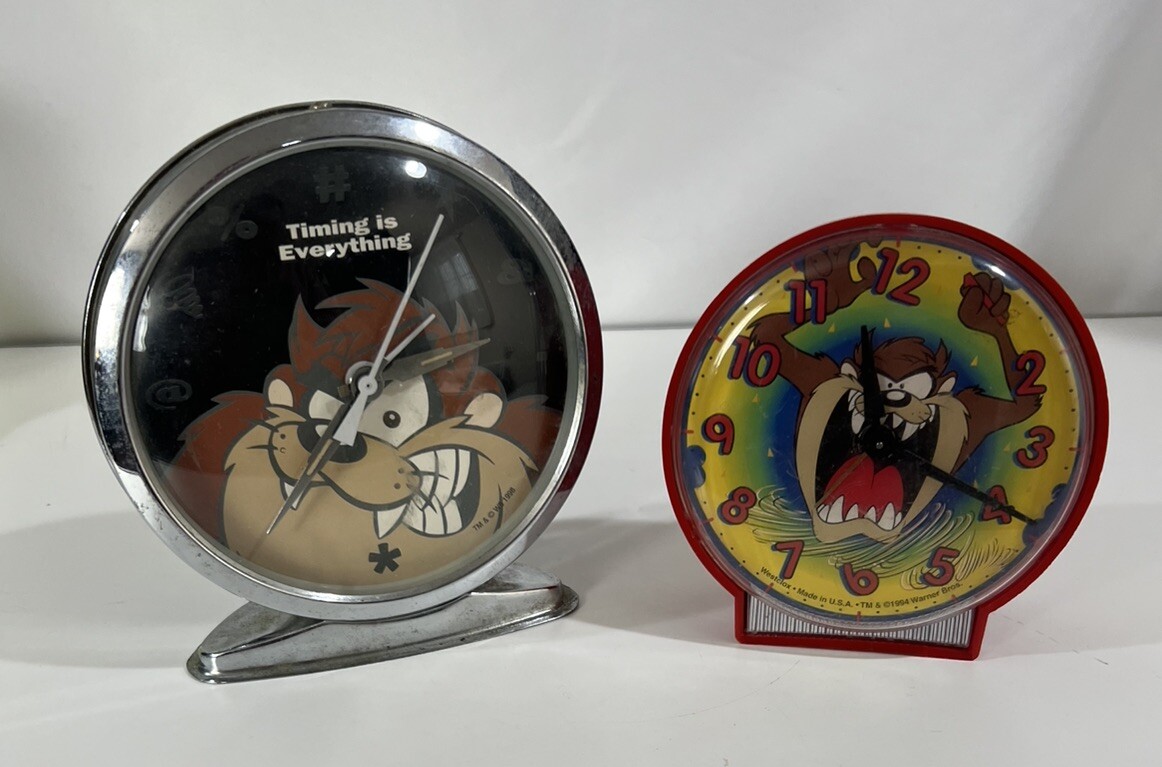 2 Tasmanian Devil Taz Wind Up Alarm Clocks Silver And Red Vintage Warner Bros
