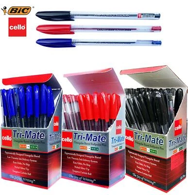 Original Bic Cello Trimate Cristal Ballpoint Pens Medium Biros Black Blue Red