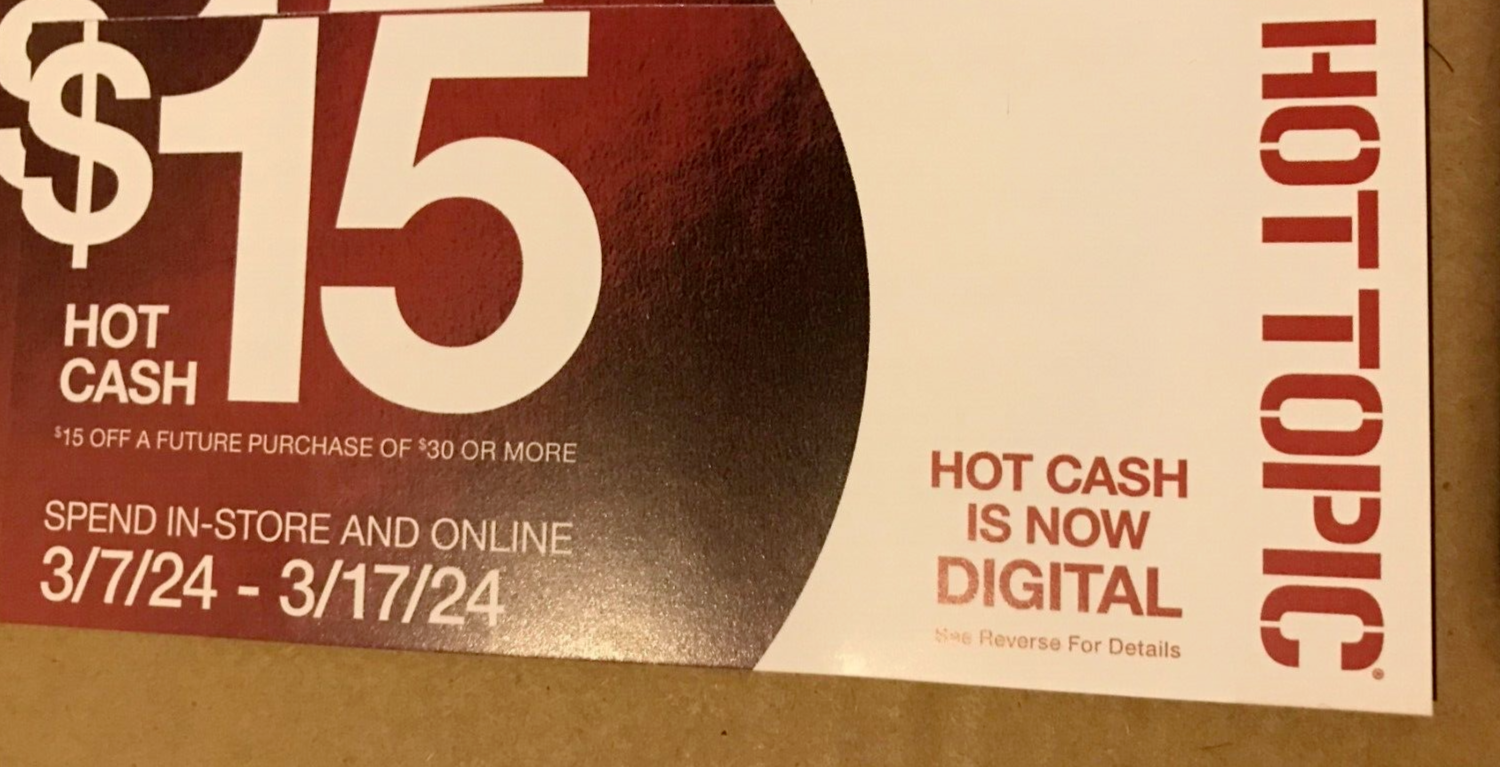 1 Hot Topic Hot Cash 15 off 30 coupon codes valid from 03/07/24 to 03/17/24 eBay