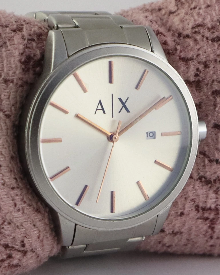 Reloj de cuarzo de lujo Armani para hombre esfera plateada ''fecha'' correa de acero "mantén el buen tiempo" Foto 3 de 4