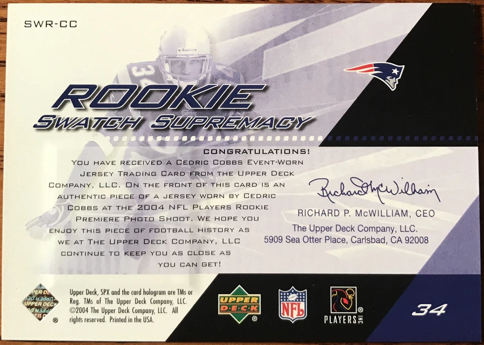 2004 SPX Rookie Swatch Supremacy Cedric Cobbs #SWR-CC New England Patriots - Image 2 of 3