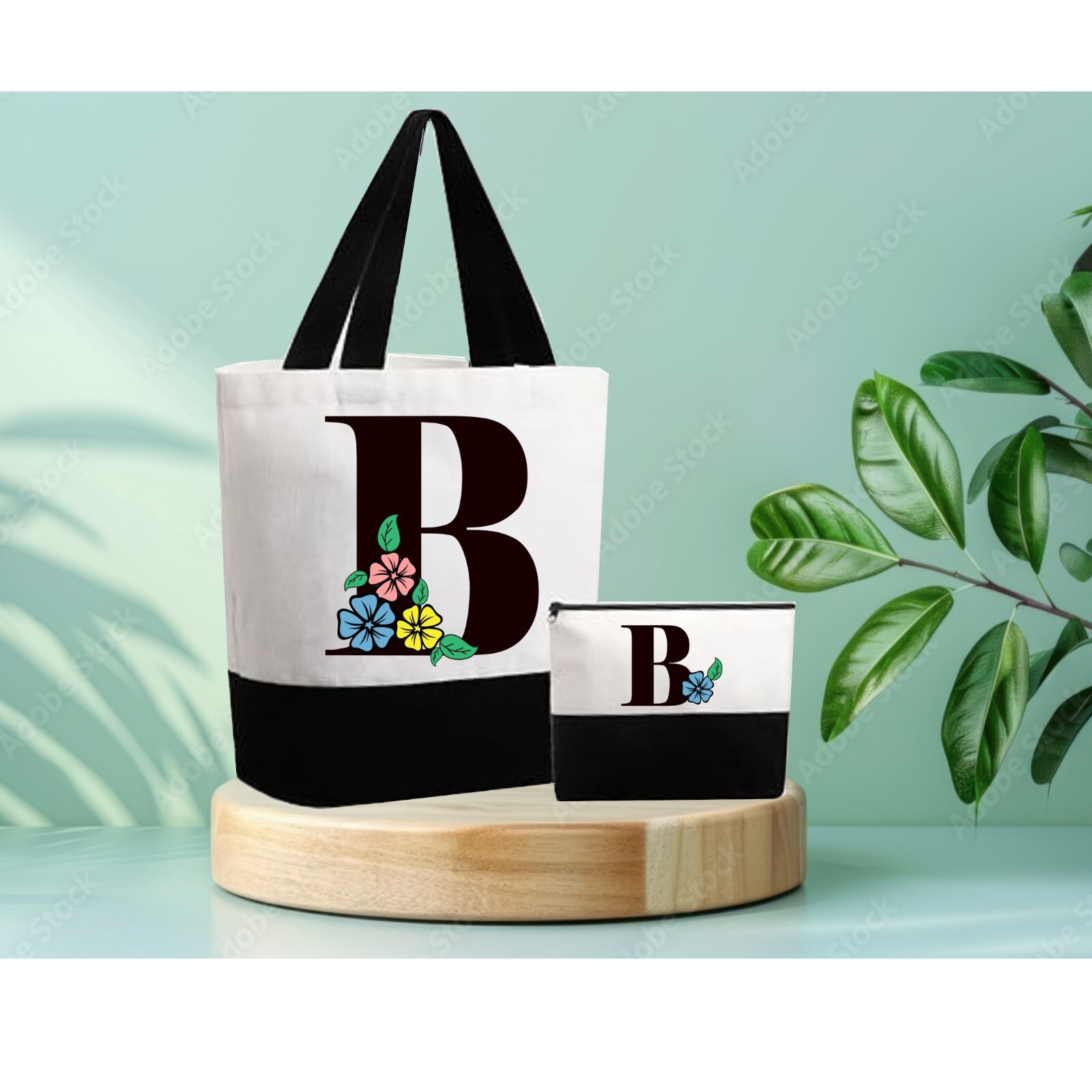 Initial Letter B Tote Bag with Free Makeup Bag Gift  