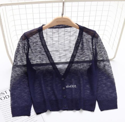 Women Sweater Shrug Crop Top Coat 3/4 Sleeve Knit Cardigan Button Down Sheer - Picture 24 of 31