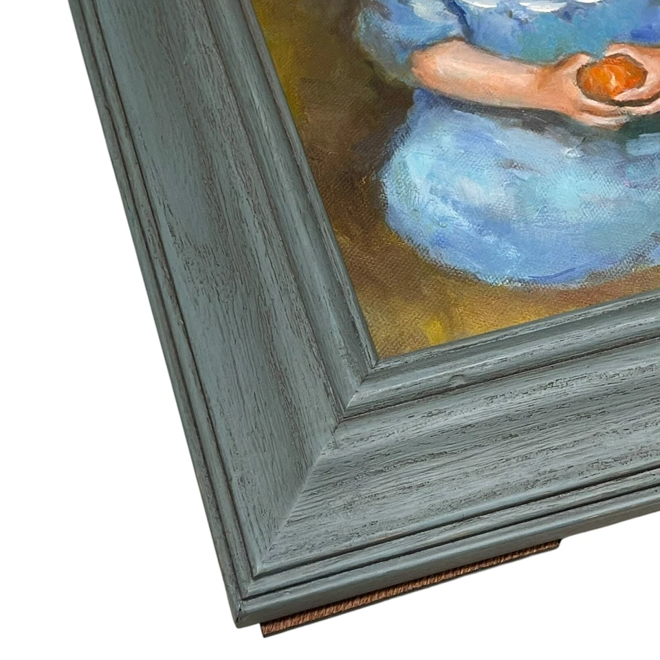 Original oil on panel painting Small Child Girl Holding Fruit Apple Peach Framed - Image 3 of 4
