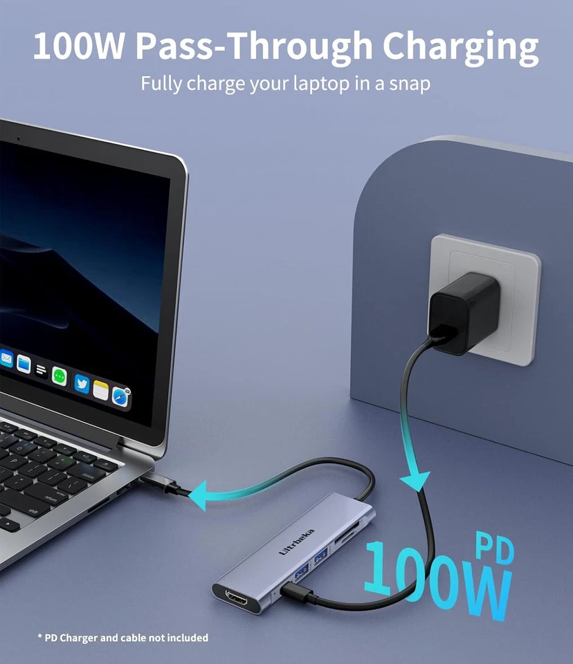 USB C Hub, 7in1 USBC Hub, 4K HDMI Multiport Adapter, TF/SD Card Reader, 2×Powere - Image 3 of 4