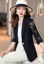 Giacca tailleur donna blazer spezzato ufficio nero pizzo elegante slim 16493