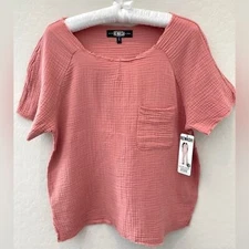 REWASH | Rose Pink Cotton Gauze Oversized Distressed Short Sleeve Top | Small
