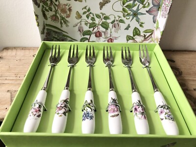 Portmerion Kuchen Gebäck Tee Gabeln Botanischer Garten mit Box Keramikgriffe