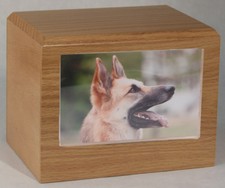 Small 55 Cubic Inches Oak Pet Photo Urn for Ashes with Engravable Nameplate