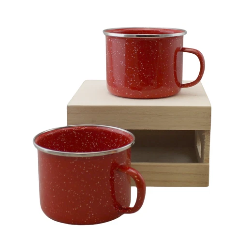 2-Pack Metal Enamel Drinking Mugs Cups Camping Home Indoor Outdoor Gift Box Red
