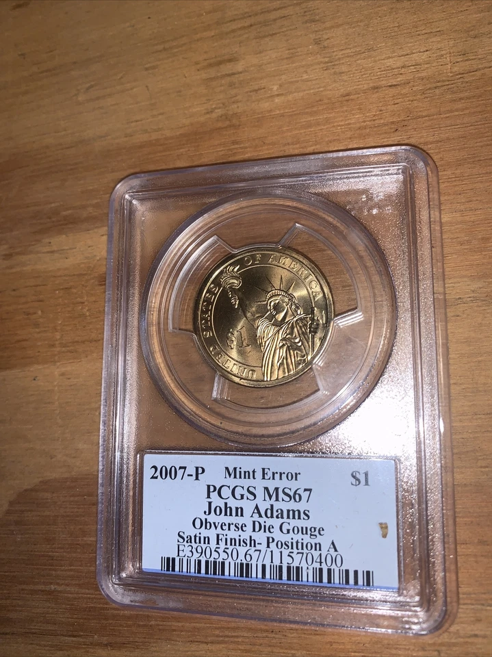 2007 PCGS MS67 John Adams Obverse Die Gouge  Mint Error Rare Satin Finish Pos. A - Image 3 of 4