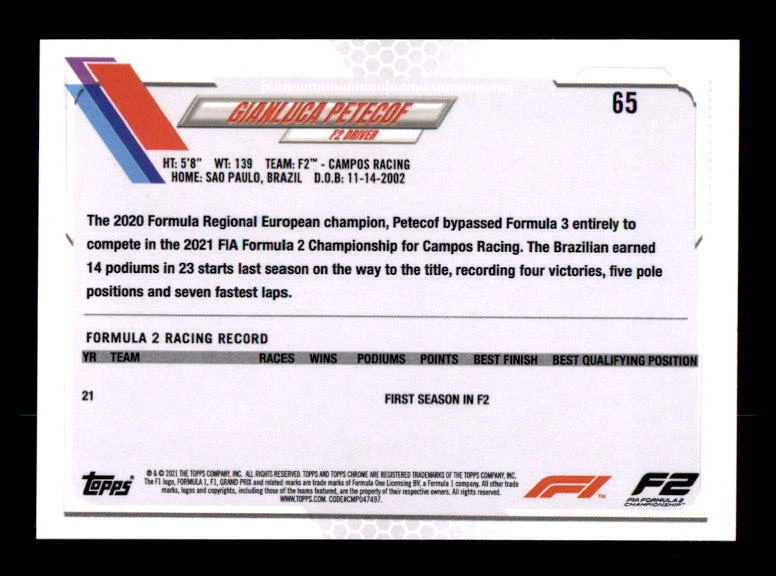 2021 Topps Chrome Formula 1 Black & White RayWave #65 Gianluca Petecof FS - Image 2 of 2
