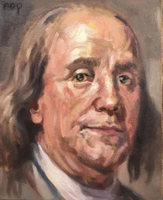 Figurative Retro Ben Franklin Portrait Realism PDQ Artist Original Oil Painting