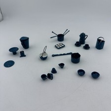 Miniature Dollhouse Blue Enamel Spatterware Metal Coffee Tea Pot Cups Kettle Etc