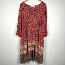 Woman Within 28W Boho Floral Paisley Dress Red Tiered Midi Flowy Pockets