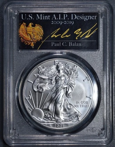 2021 $1 AMERICAN SILVER EAGLE UNC T-1 Balan Sign FDOI 1 oz 999 PCGS MS70 A6672