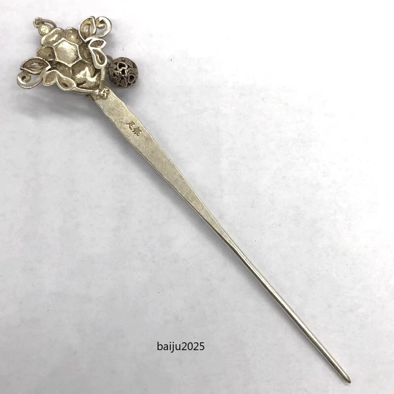 Horquilla antigua tibetana plateada con incrustaciones de jade rojo, hecha artesanal china antigua Foto 3 de 4