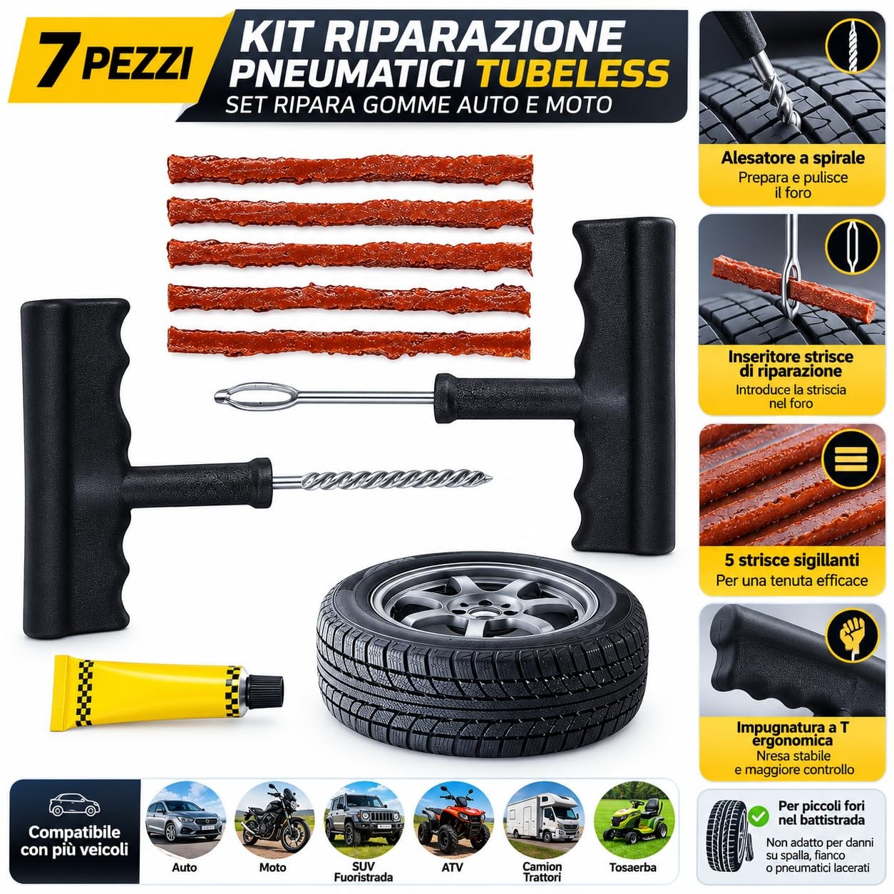 Topolenashop 7 Pezzi Kit Riparazione Pneumatici Tubeless Set Ripara Gomme Auto e - Miniatura 13
