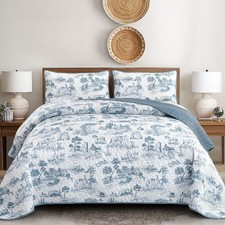 Drucon Blue Quilt Set King Size, Toile Farmhouse 106"x90" ,