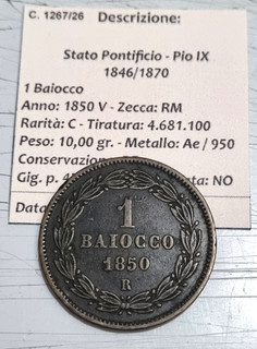 M1267 STATO PONFICIO PIO IX 1 BAIOCCO 1850