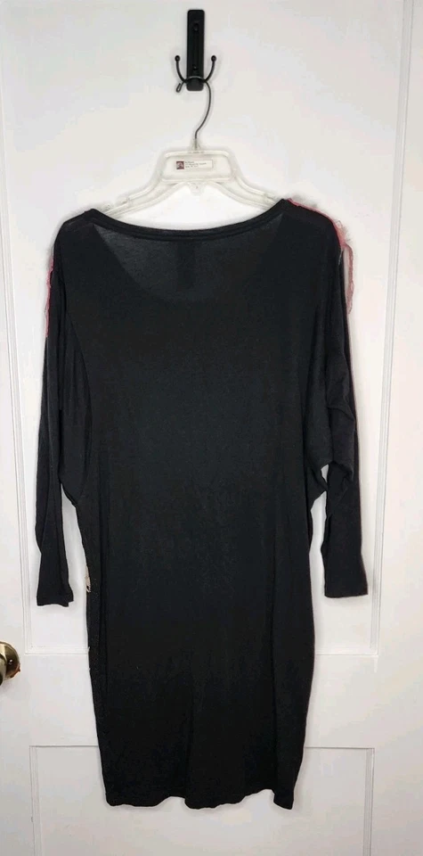 CUSTO BARCELONA Cotton Modal BLACK Feather Print Beaded Dress Shoulder Detail M - Image 2 of 4