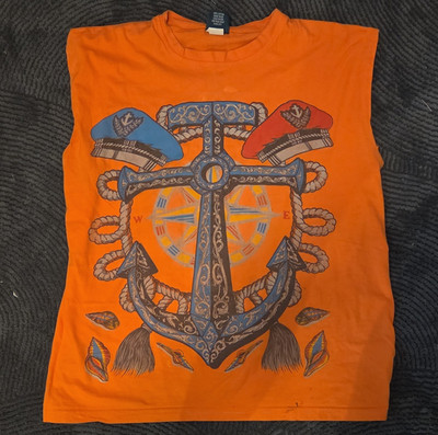 QT Sportswear Men's One Size Orange Sleeveless Crew Neck Nautical Anchor Tee