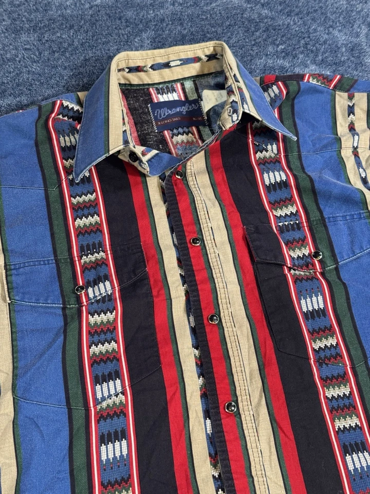 Wrangler Shirt Men's L X Long Tails Pearl Snap Colorful Western Aztec 16/35 VTG - Image 2 of 4
