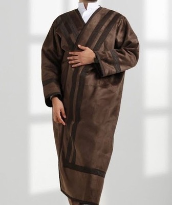 Men's Luxury Winter Farwa Bisht Coat - Brown Suede Faux Fur Lined Arabic Overcoa