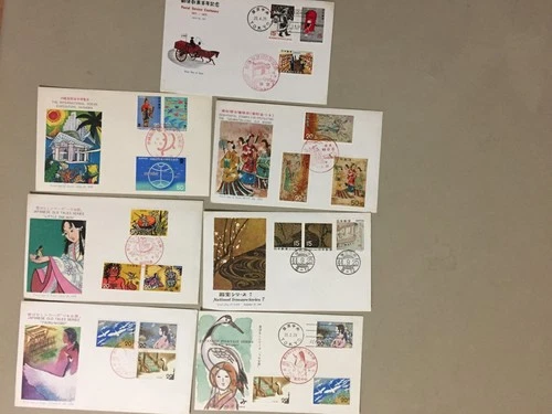 Seven Japan  fdc with sets of three stamps