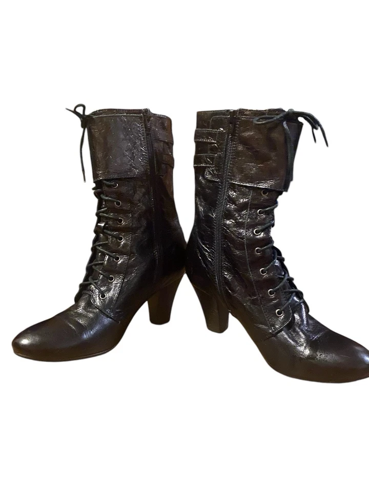 Miz Mooz “ Jules” Black Patent Leather Lace Up Buckle Heel Ankle Boots Size 7.5 - Image 4 of 4