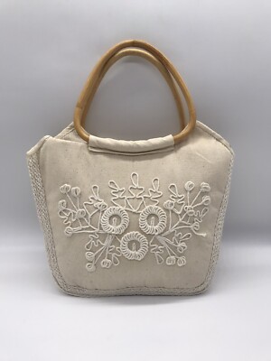 Handmade Canvas Clutch Purse Embroidered Bamboo Handles Tote Bag Coastal Earthy